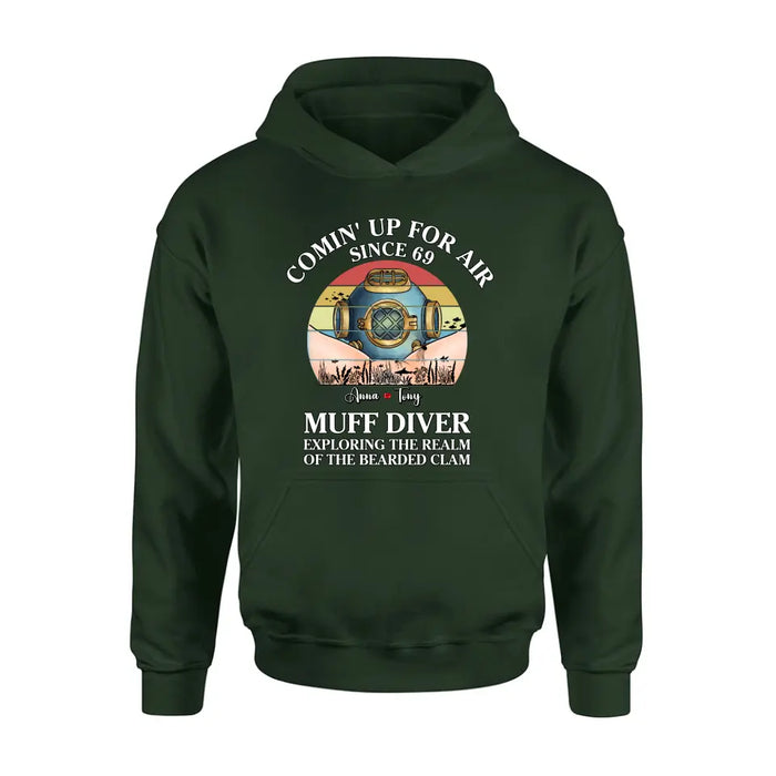 Custom Personalized Funny Couple T-Shirt/ Long Sleeve/ Sweatshirt/ Hoodie - Gift Idea For Couple - Comin' Up For Air Since 69 Muff Diver Exploring The Realm