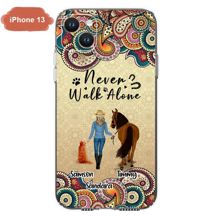 Custom Personalized Horse And Dog Phone Case - Upto 2 Dogs - Gift Idea For Horse/Dog Lovers - Never Walk Alone - Case For iPhone/Samsung