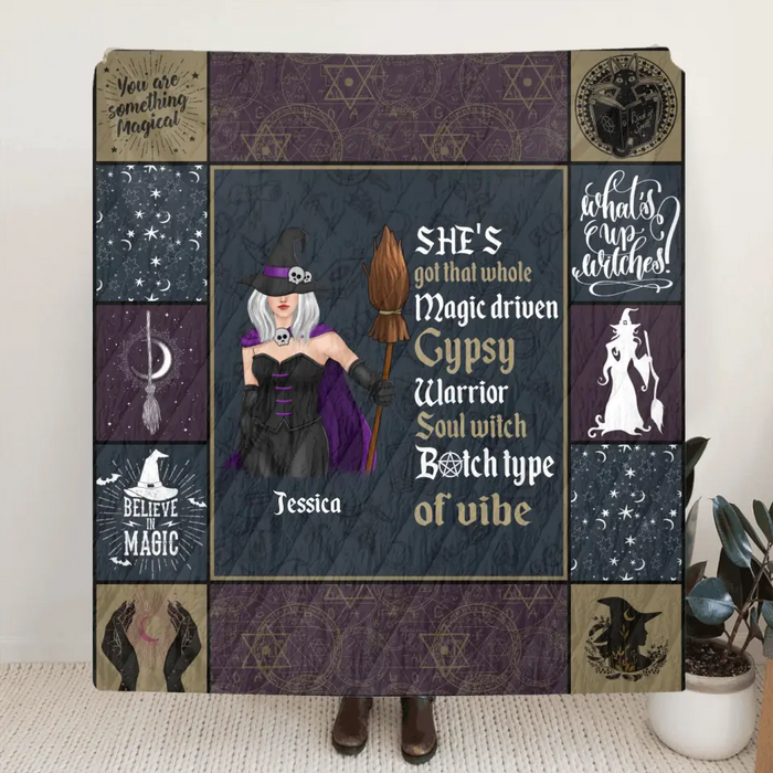 Custom Personalized Witch Quilt/ Single Layer Fleece Blanket - Halloween Gift Idea For Witch Lovers - She's Got That Whole Magic Driven Gypsy