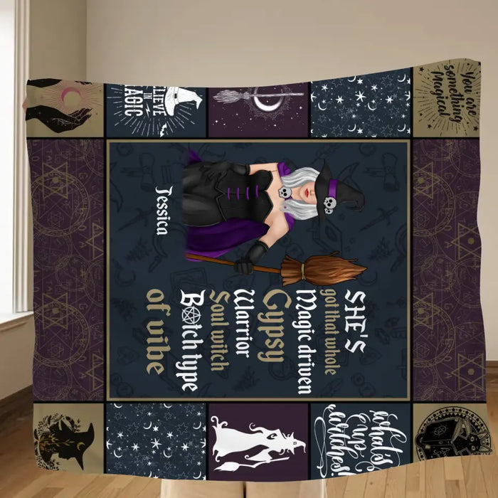 Custom Personalized Witch Quilt/ Single Layer Fleece Blanket - Halloween Gift Idea For Witch Lovers - She's Got That Whole Magic Driven Gypsy