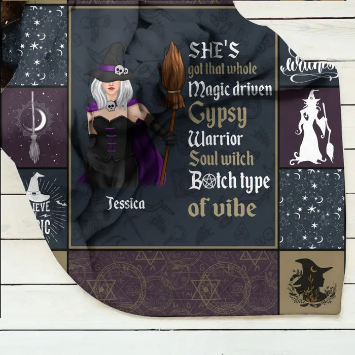 Custom Personalized Witch Quilt/ Single Layer Fleece Blanket - Halloween Gift Idea For Witch Lovers - She's Got That Whole Magic Driven Gypsy