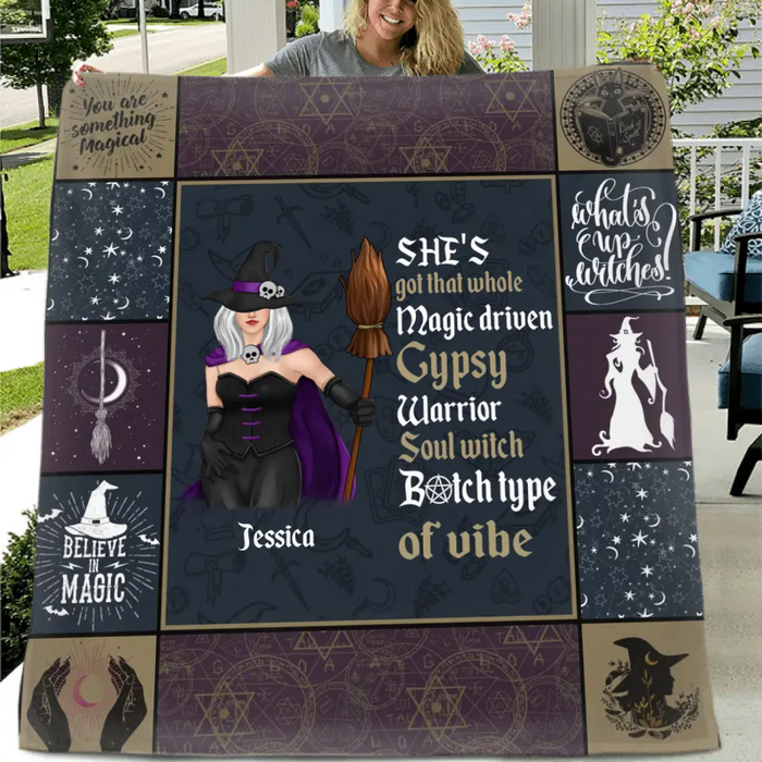 Custom Personalized Witch Quilt/ Single Layer Fleece Blanket - Halloween Gift Idea For Witch Lovers - She's Got That Whole Magic Driven Gypsy