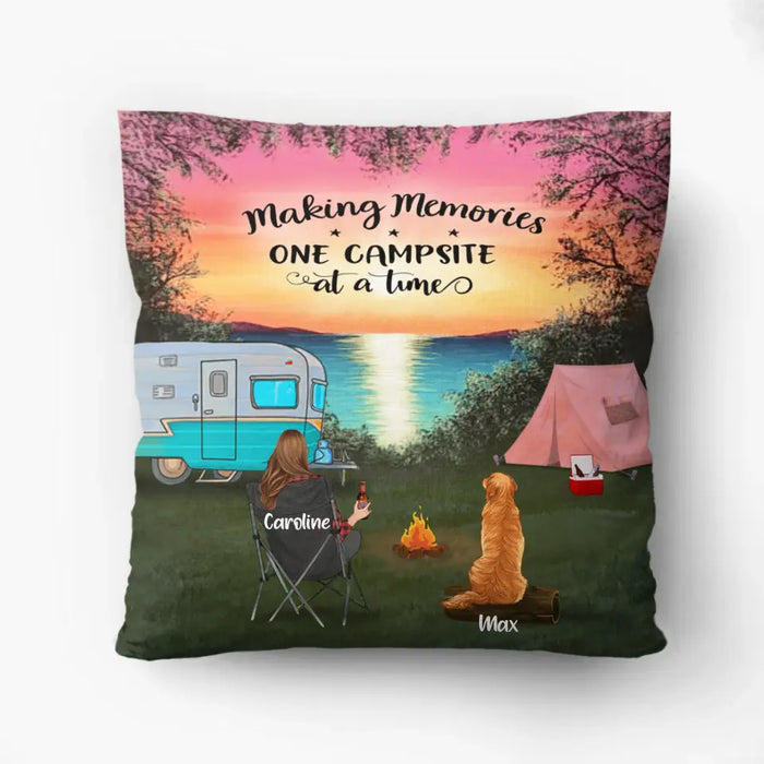 Custom Personalized Camping Pillow Cover/ Fleece/ Quilt Blanket - Couple With Upto 2 Kids And 3 Pets - Gift Idea For Camping Lover - Making Memories One Campsite At A Time