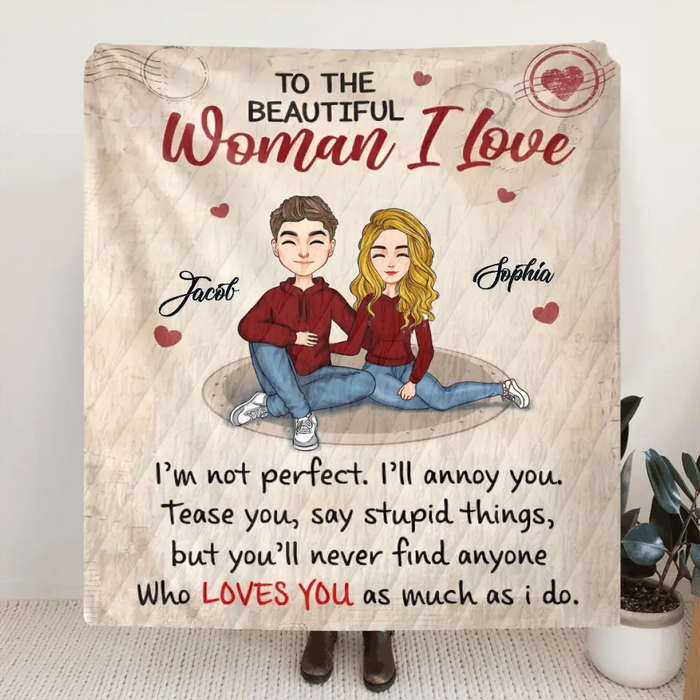 Custom Personalized Couple Single Layer Fleece Blanket/ Quilt Blanket - Gift Idea For Couple/ Him/ Her/ Valentine's Day - To The Beautiful Woman I Love