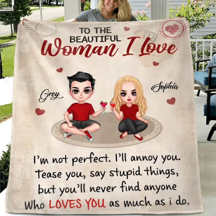 Custom Personalized Couple Single Layer Fleece Blanket/ Quilt Blanket - Gift Idea For Couple/ Him/ Her/ Valentine's Day - To The Beautiful Woman I Love I'm Not Perfect