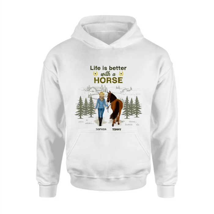 Custom Personalized Horse Girl Shirt/ Hoodie - Upto 6 Horses - Gift Idea For Horse Lover - Life Is Better With Horses