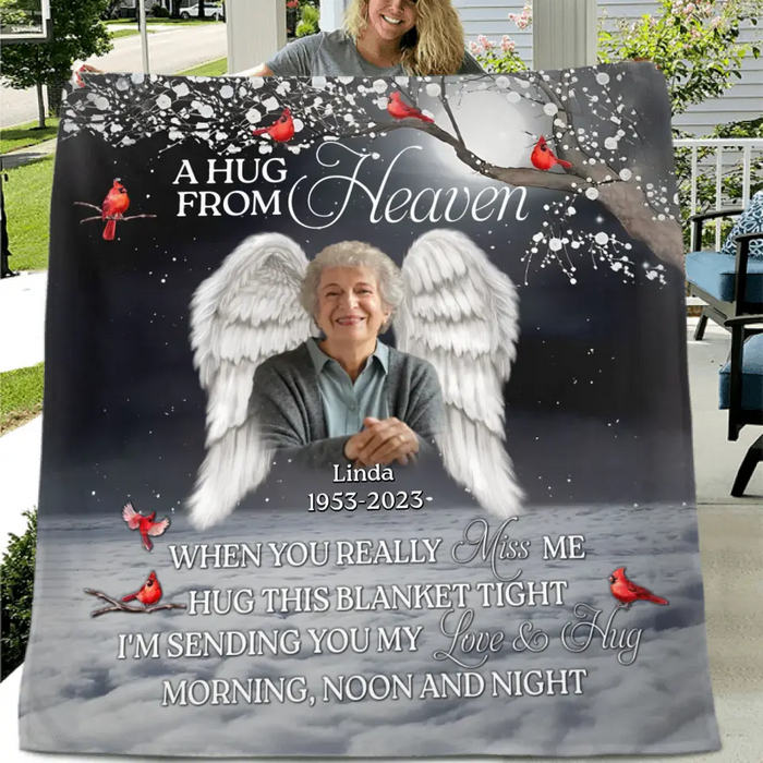 Custom Personalized Memorial Quilt/Single Layer Fleece Blanket - Upload Photo - Memorial Gift Idea For Family Member - When You Really Miss Me Hug This Blanket Tight