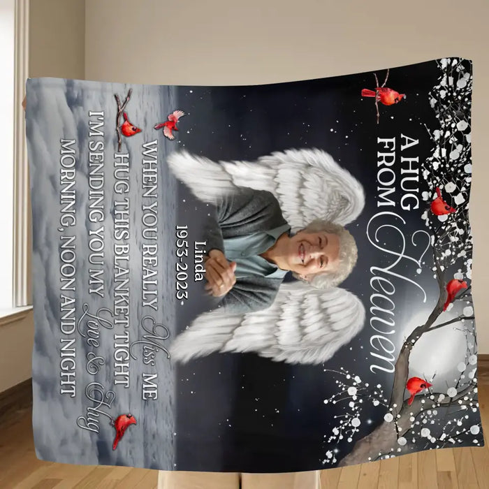 Custom Personalized Memorial Quilt/Single Layer Fleece Blanket - Upload Photo - Memorial Gift Idea For Family Member - When You Really Miss Me Hug This Blanket Tight