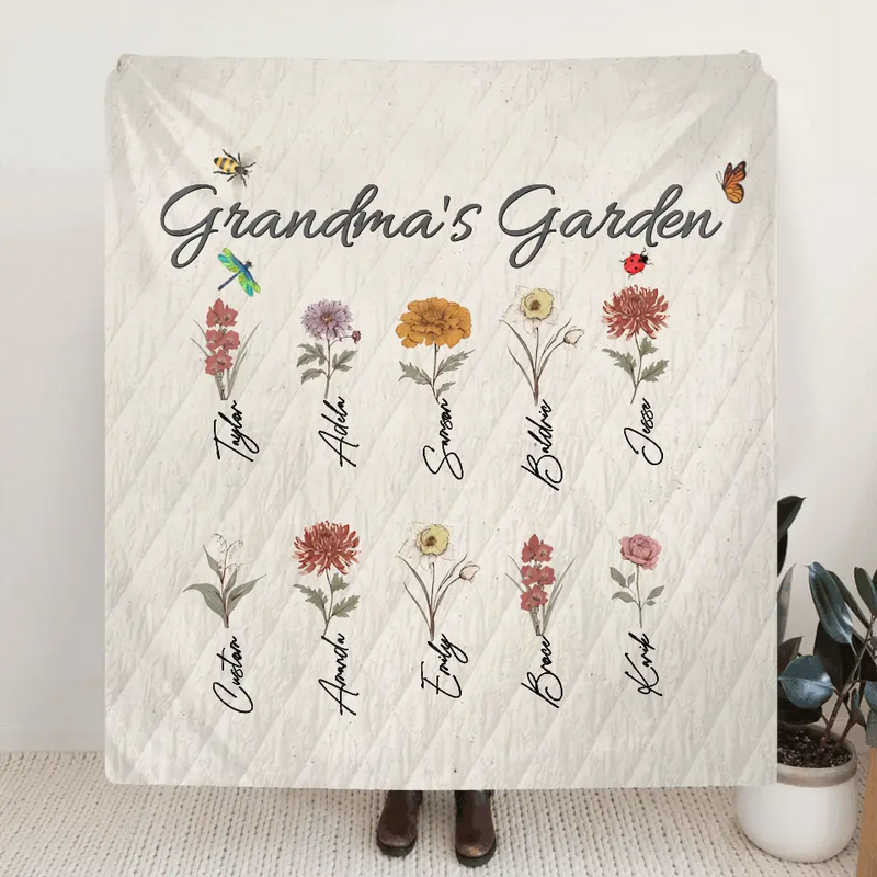 Personalized Grandma's Garden Fleece Throw Blanket/Quilt - Mother's Day Gift Idea For Grandma/Mother - Up to 10 Kids