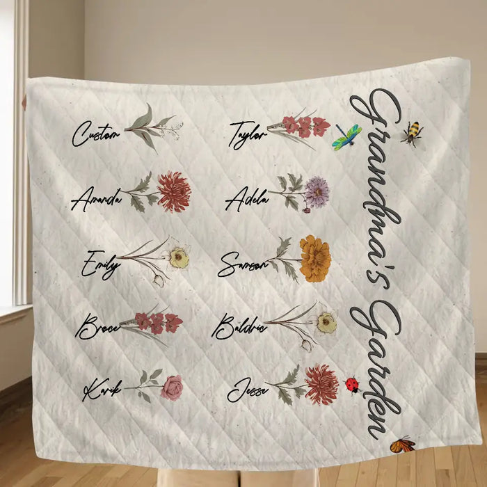 Custom Personalized Grandma's Garden Single Layer Fleece Blanket/ Quilt Blanket - Mother's Day Gift Idea For Grandma/ Mother - Upto 10 Kids