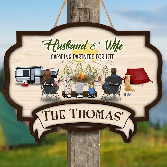 Custom Personalized Camping Wooden Sign - Couple/ Parents with Up to 2 Children & 3 Pets -  Camping Lovers Gift Idea - Husband & Wife Camping Partners For Life