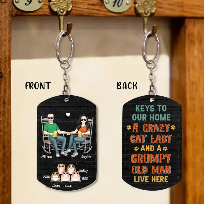 Custom Personalized Couple Aluminum Keychain - Gift Idea For Couple/Cat Lovers - Upto 5 Cats - A Crazy Cat Lady And A Grumpy Old Man Live Here