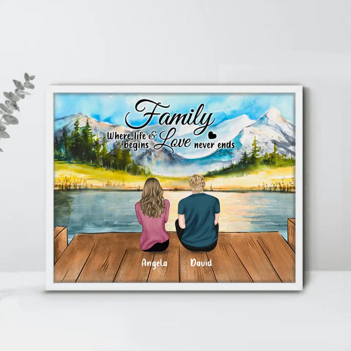 Custom Personalized Family & Dog Poster - Couple/ Parents With Upto 3 Kids And 4 Dogs - Gift Idea For Dog Lover - Family Where Life Begins And Love Never Ends