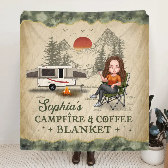 Custom Personalized Camping Quilt/Single Layer Fleece Blanket - Gift Idea For Camping Lover - My Campfire & Coffee Blanket