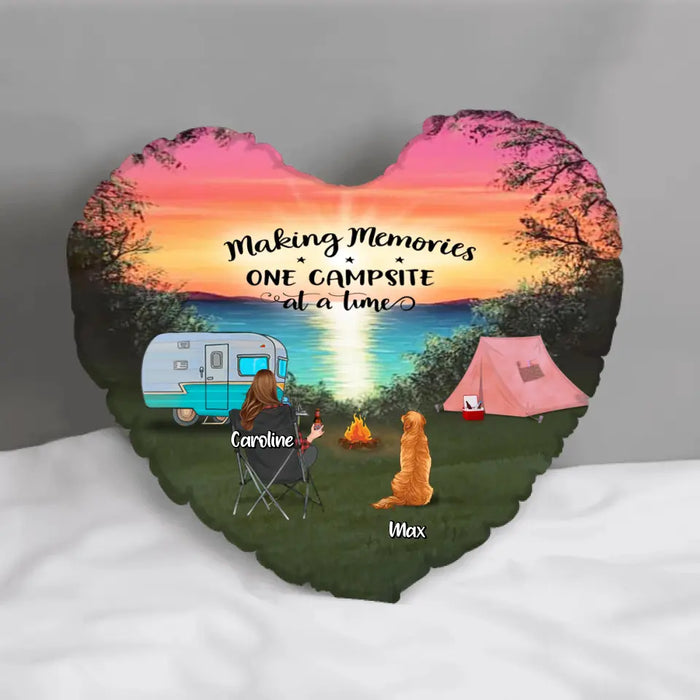 Custom Personalized Camping Heart Pillow - Couple With Upto 2 Kids And 3 Pets - Gift Idea For Camping Lover - Making Memories One Campsite At A Time