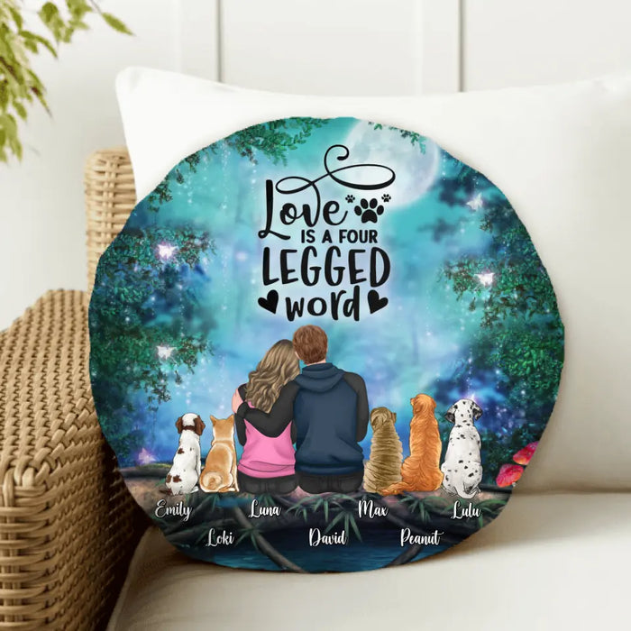 Custom Personalized Couple And Dogs Round Pillow - Couple With Upto 5 Dogs - Gift Idea For Couple/Dog Lover - Love Is A Four Legged Word