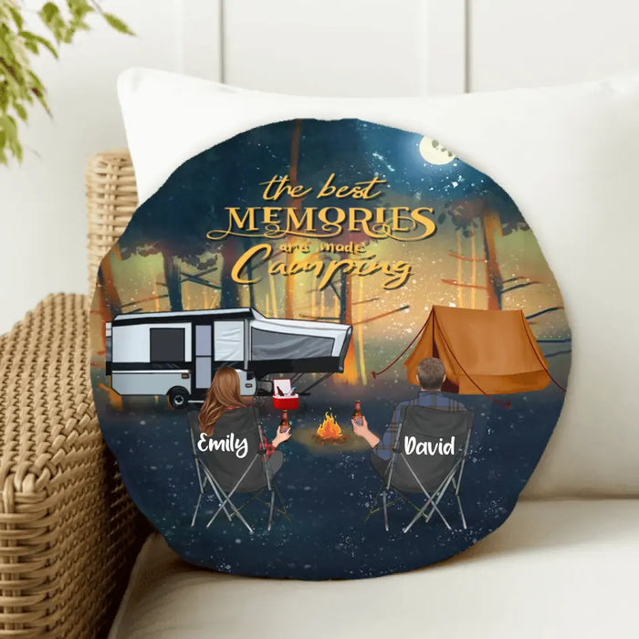 Custom Personalized Night Camping Round Pillow - Couple/ Parents With Upto 3 Kids And 4 Pets - Best Gift For Camping Lover - The Best Memories Are Made Camping