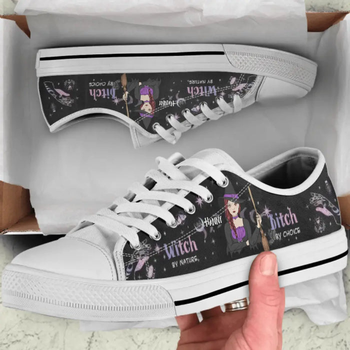 Custom Personalized Witch Canvas Low Top Sneakers - Gift for Halloween - Witch by nature Bitch by choice Sneaker