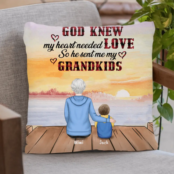 Custom Personalized Pillow Cover - Gift for Grandparent and Grandkids - Grandma/Grandpa and Grandkids - Up to 4 Grandkids - God knew my heart needed love