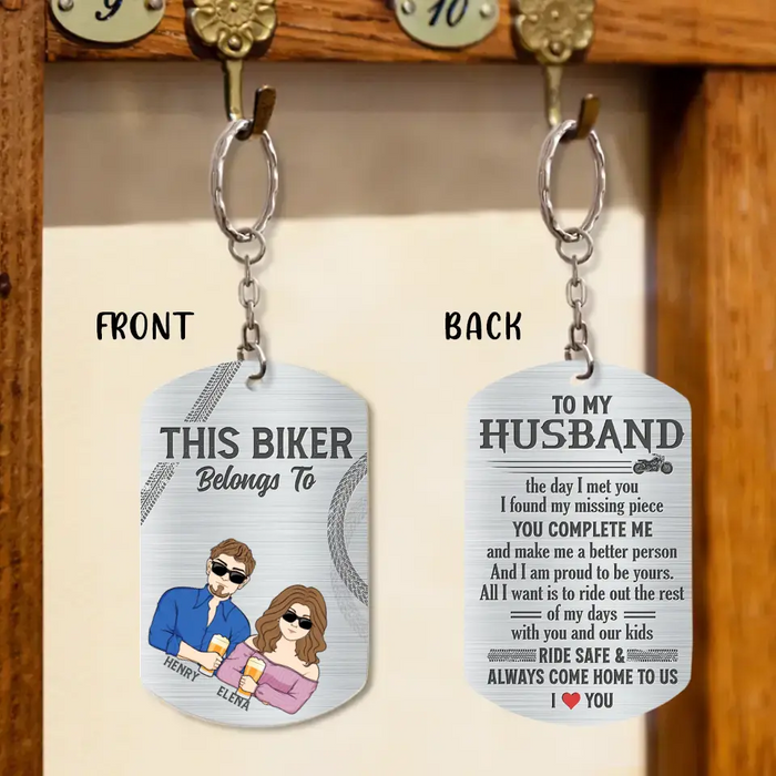 Custom Personalized Biker Husband Aluminum Keychain - Couple With Upto 3 Kids - Gift Idea For Husband/ Father - This Biker Belongs To