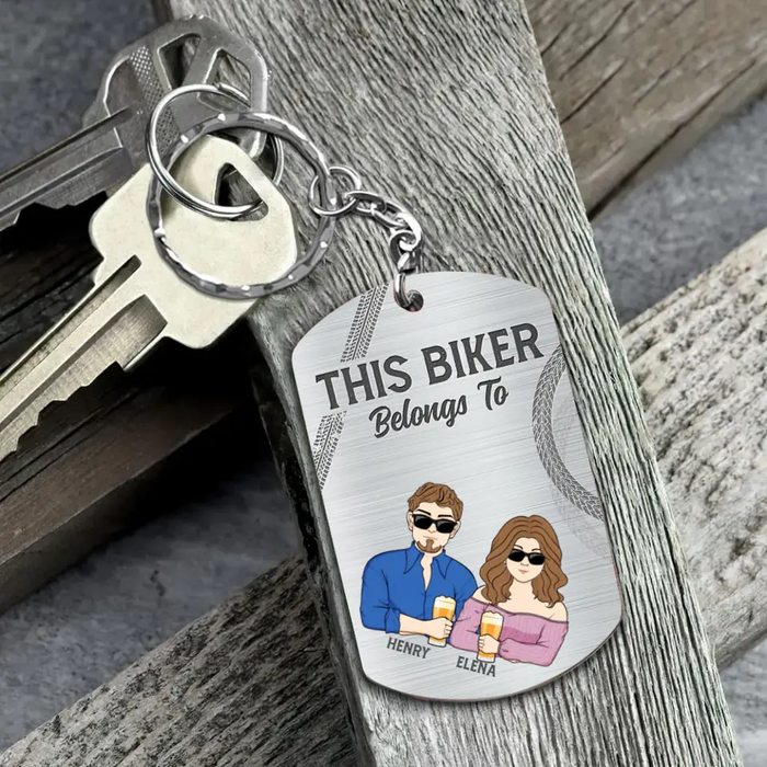 Custom Personalized Biker Husband Aluminum Keychain - Couple With Upto 3 Kids - Gift Idea For Husband/ Father - This Biker Belongs To