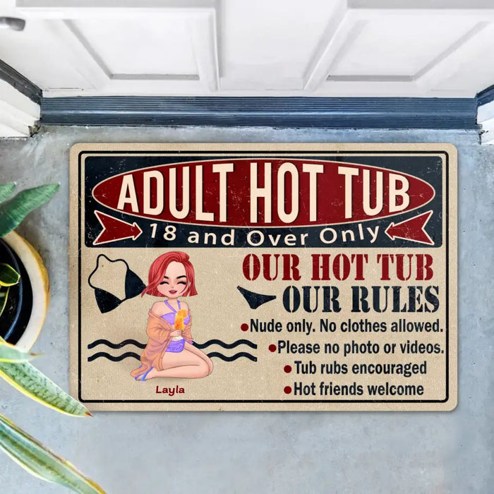 Custom Personalized Adult Hot Tub Doormat - Gift Idea For Beach Girl/ Friends - Our Hot Tub Our Rules