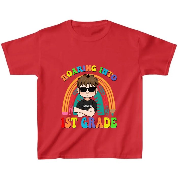 Custom Personalized Back To School T-Shirt - Gift For Girls/ Boys - Roaring Into 1St Grade