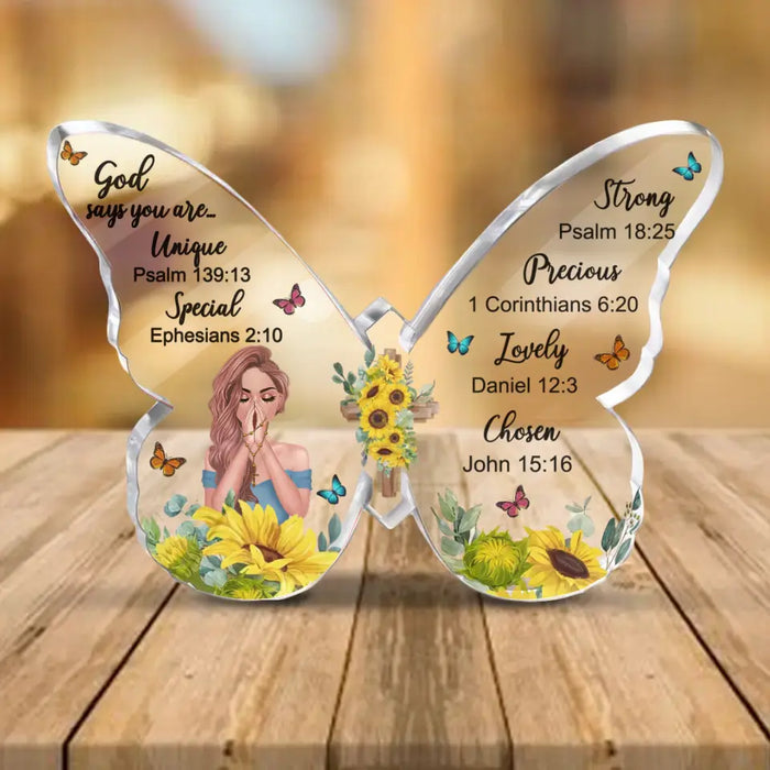 Custom Personalized Prayer Butterfly Acrylic Plaque -  Christian Gifts - God Says You Are Unique