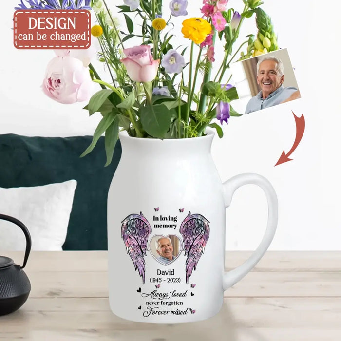 Custom Personalized Memorial Heart Wings Ceramic Flower Vase - Upload Photo - Memorial Gift Idea For Family Member - Always Loved Never Forgotten Forever Missed