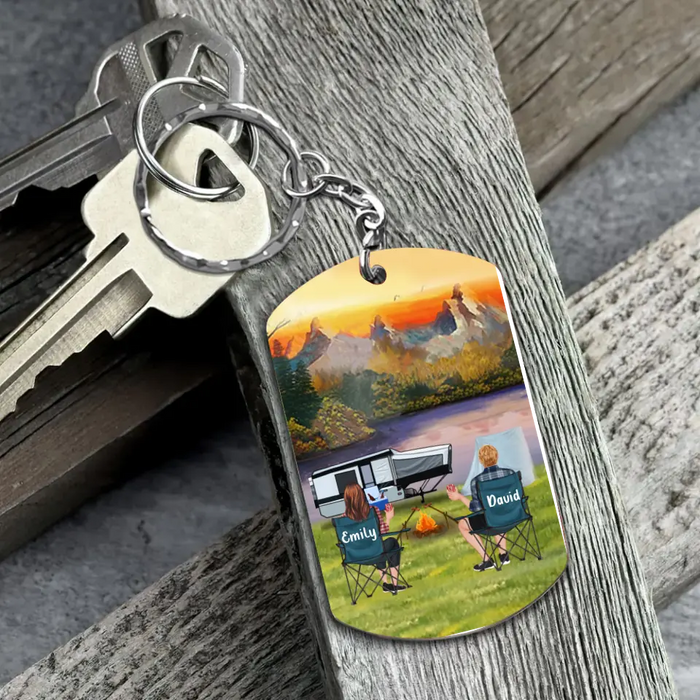 Custom Personalized Camping Aluminum Keychain - Adult/Couple with Upto 2 Dogs/Cats - Gift Idea for Camping/Dog/Cat Lovers - Husband And Wife Camping Partners For Life