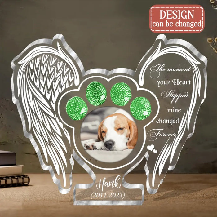 Custom Personalized Memorial Pet Wings Acrylic Plaque - Upload Photo - Memorial Gift Idea For Dog/ Cat Lover - The Moment Your Heart Stopped Mine Changed Forever