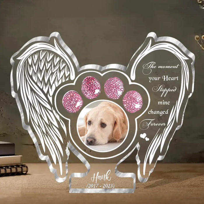 Custom Personalized Memorial Pet Wings Acrylic Plaque - Upload Photo - Memorial Gift Idea For Dog/ Cat Lover - The Moment Your Heart Stopped Mine Changed Forever