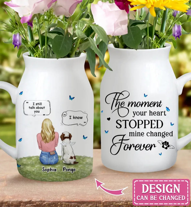 Custom Personalized Memorial Pet Ceramic Flower Vase - Couple With Upto 2 Kids And 4 Pets - Memorial Gift Idea For Pet Lover - The Moment Your Heart Stopped Mine Changed Forever