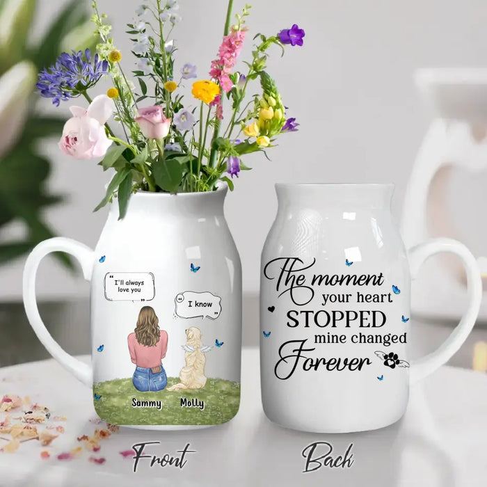 Custom Personalized Memorial Pet Ceramic Flower Vase - Couple With Upto 2 Kids And 4 Pets - Memorial Gift Idea For Pet Lover - The Moment Your Heart Stopped Mine Changed Forever