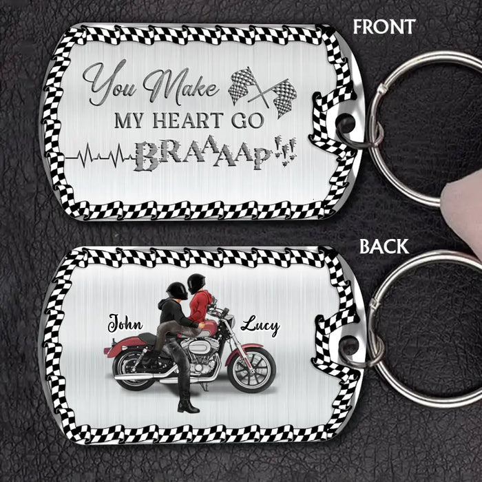 Custom Personalized Riding Couple Aluminum Keychain - Gift Idea For Couple/Her/Him - You Make My Heart Go Braaaap!