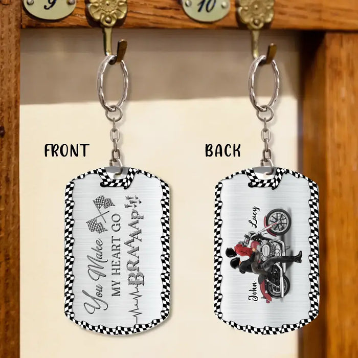 Custom Personalized Riding Couple Aluminum Keychain - Gift Idea For Couple/Her/Him - You Make My Heart Go Braaaap!