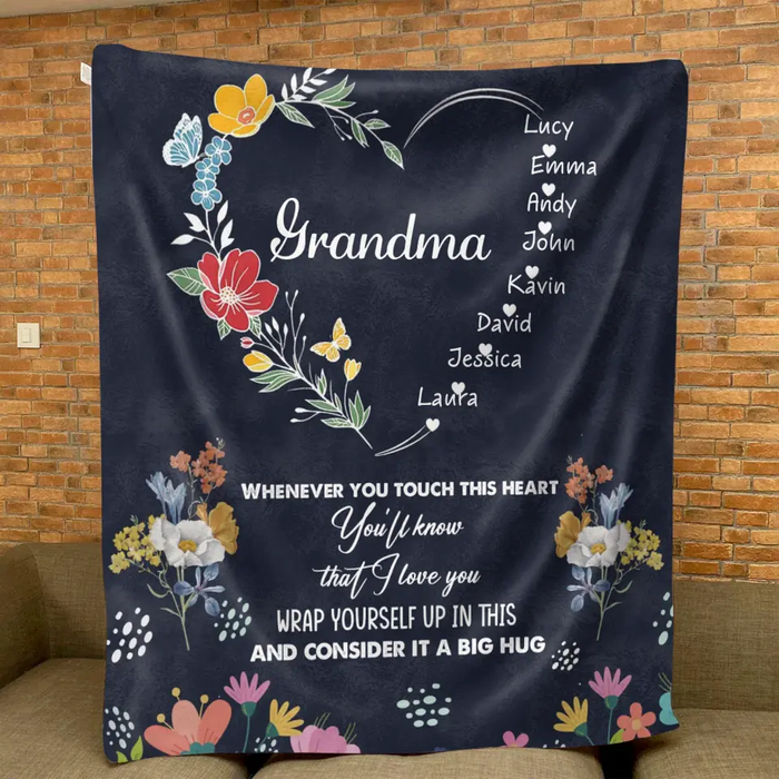 Custom Personalized Grandma Heart Fleece Throw/ Quilt Blanket - Upto 8 Grandkids - Gift Idea For Grandma/ Mother's Day - Touch This Heart