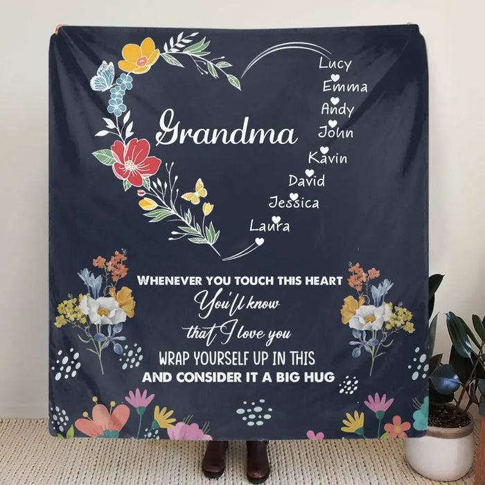 Custom Personalized Grandma Heart Fleece Throw/ Quilt Blanket - Upto 8 Grandkids - Gift Idea For Grandma/ Mother's Day - Touch This Heart