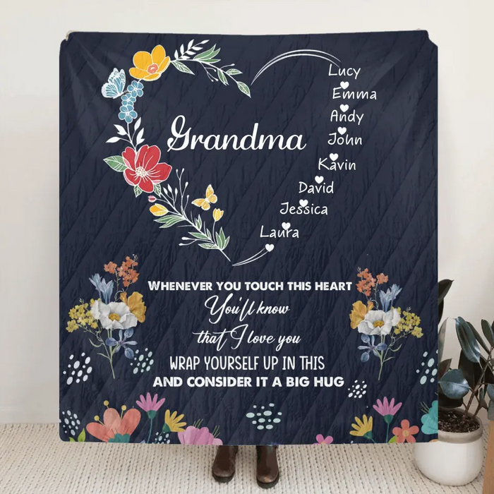 Custom Personalized Grandma Heart Fleece Throw/ Quilt Blanket - Upto 8 Grandkids - Gift Idea For Grandma/ Mother's Day - Touch This Heart