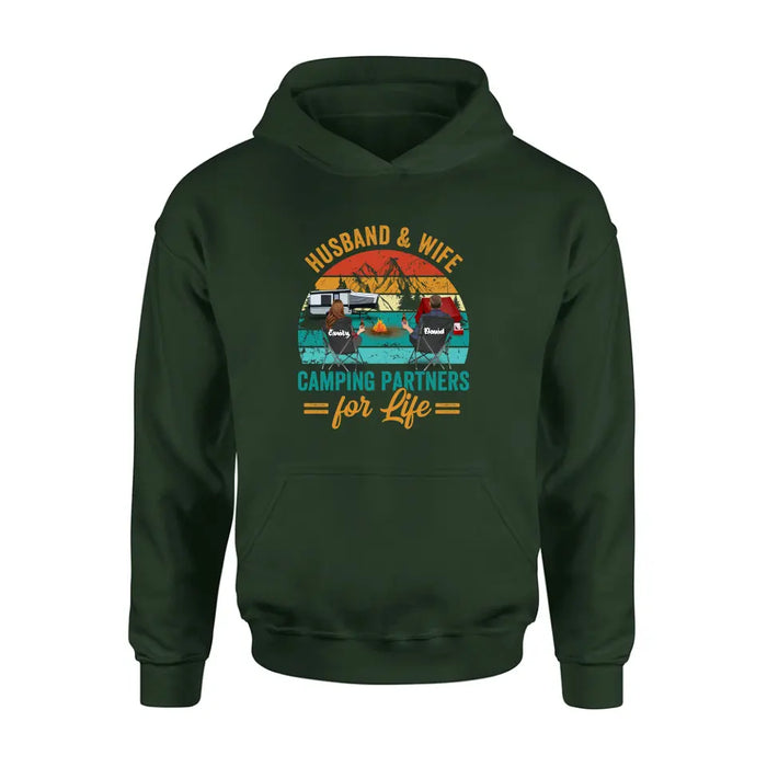 Custom Personalized Camping Shirt/Hoodie - Couple With Up to 2 Children & 3 Pets - Camping Lovers Gift Idea - Husband & Wife Camping Partners For Life