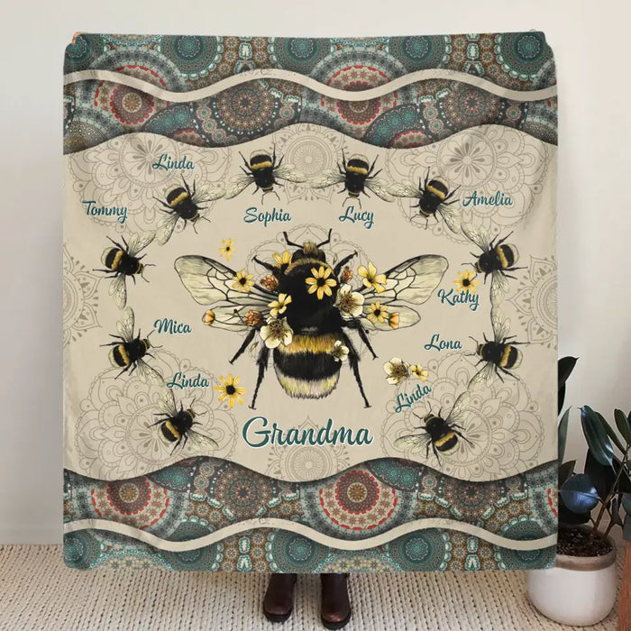 Custom Personalized Grandma Bee Quilt/Fleece Throw Blanket  - Gift Idea For Grandma - Upto 10 Bees