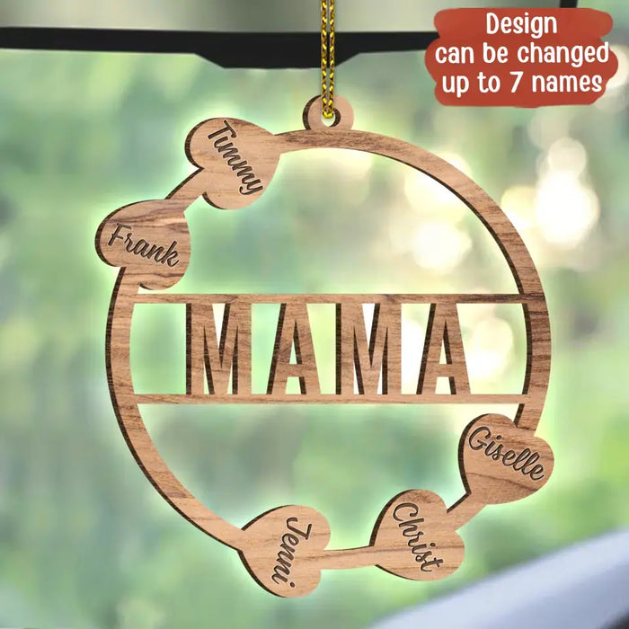 Custom Personalized Mama Hearts Wooden Car Hanging - Upto 7 Kids - Gift To Grandma/ Mom/ Mother's Day