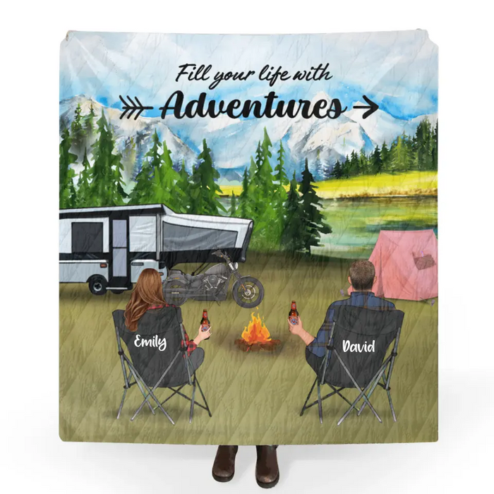 Custom Personalized Camping Quilt Blanket - Couple/ Parents With Upto 5 Kids And 4 Pets - Gift Idea For Camping Lover - Life Is Better Around The Campfire