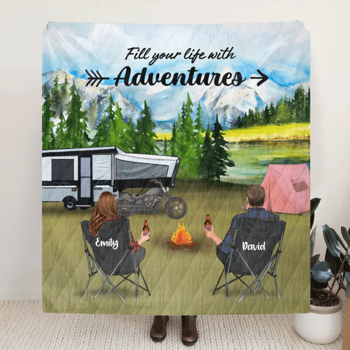 Custom Personalized Camping Quilt Blanket - Couple/ Parents With Upto 5 Kids And 4 Pets - Gift Idea For Camping Lover - Life Is Better Around The Campfire