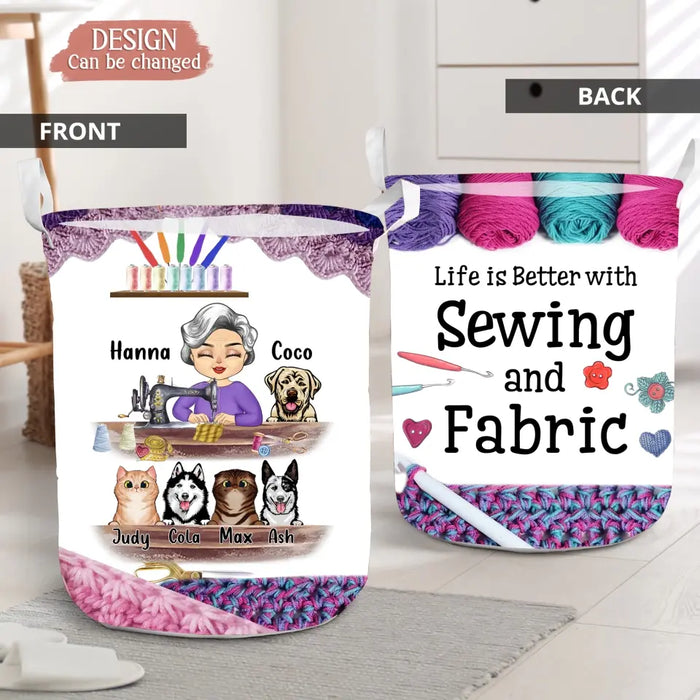 Custom Personalized Sewing Woman With Pets Laundry Basket - Mother's Day Gift For Mom/ Grandma With Up To 6 Pets - I Crochet Because Punching People Is Frowned Upon