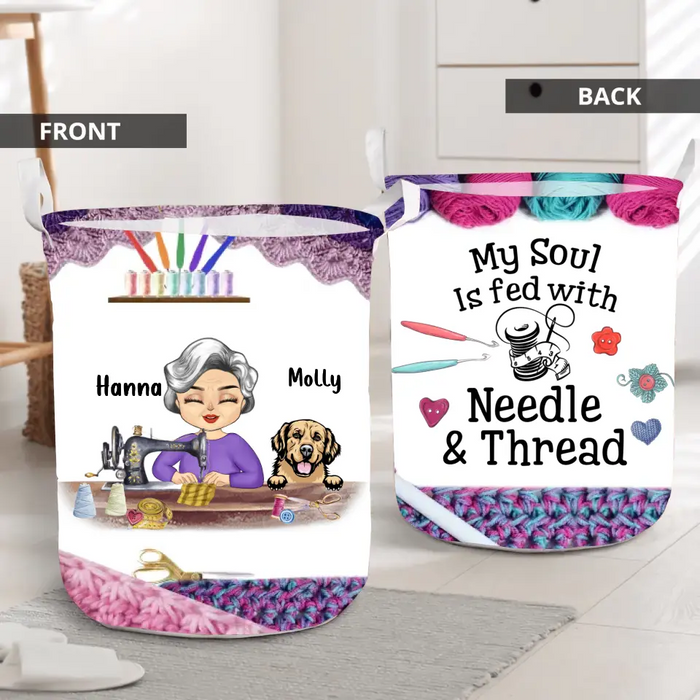 Custom Personalized Sewing Woman With Pets Laundry Basket - Mother's Day Gift For Mom/ Grandma With Up To 6 Pets - I Crochet Because Punching People Is Frowned Upon