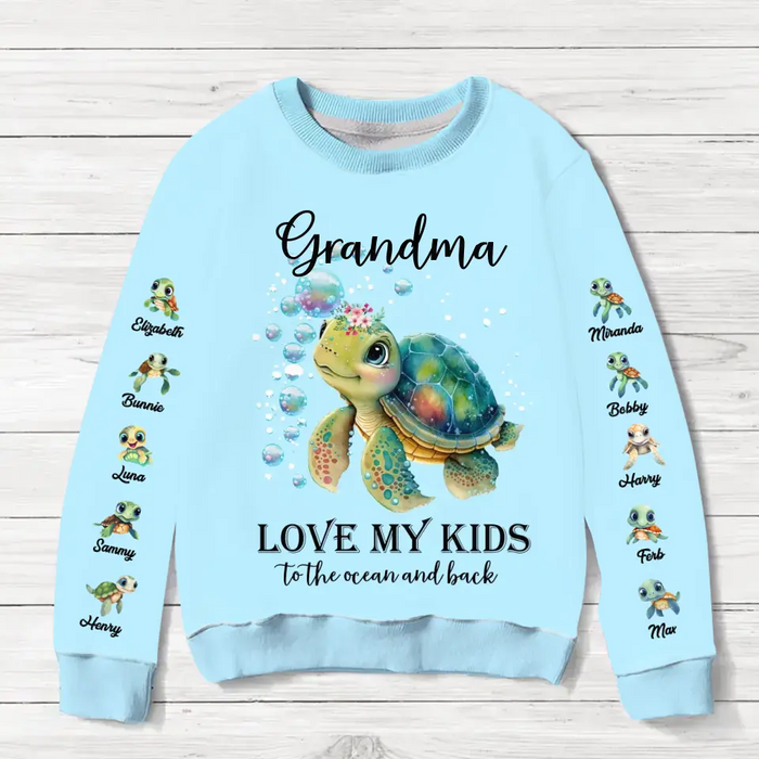 Custom Personalized Turtle AOP Sweater - Upto 10 Turtles - Mother's Day Gift Idea for Grandma/Mom - Love My Kids To The Ocean And Back