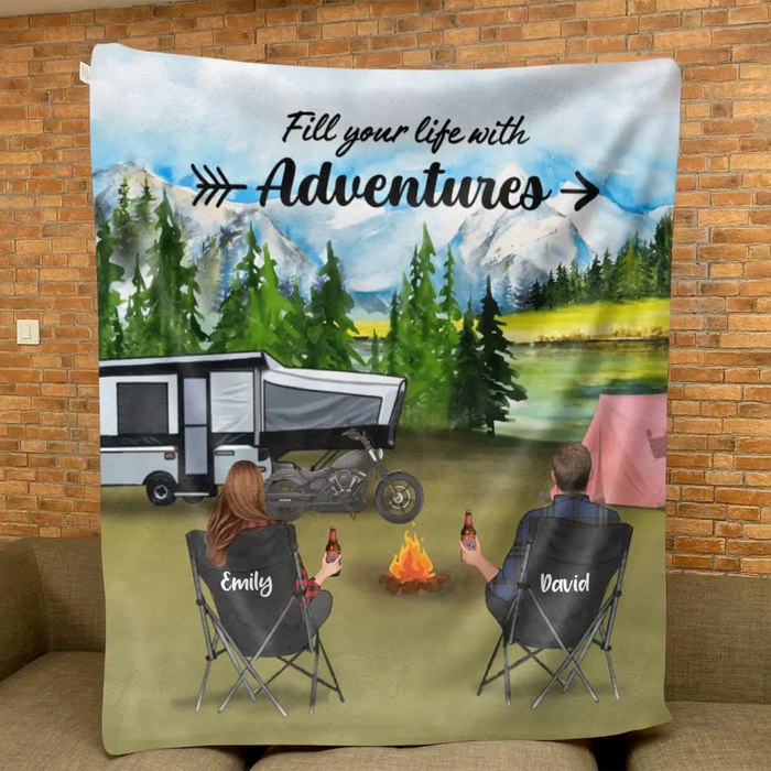 Custom Personalized Camping Quilt Blanket - Couple/ Parents With Upto 5 Kids And 4 Pets - Gift Idea For Camping Lover - Life Is Better Around The Campfire