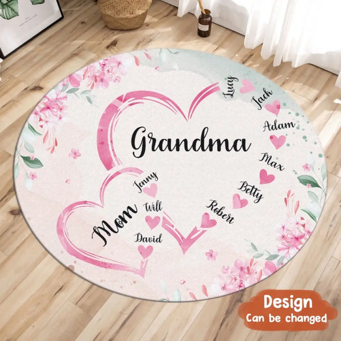 Custom Personalized Grandma Mom Heart Floral Round Rug - Gift Idea For Grandma/ Mom/ Mother's Day - Upto 6 Kids And 12 Grandkids