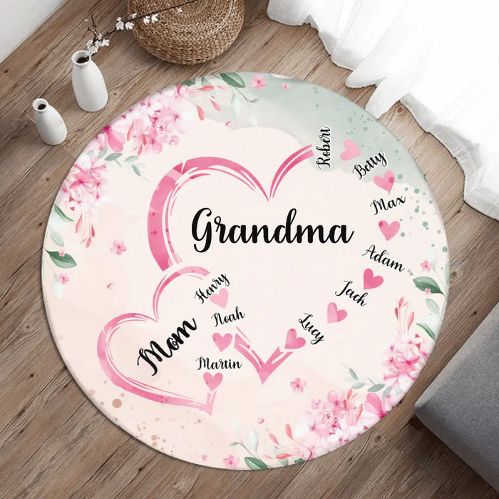 Custom Personalized Grandma Mom Heart Floral Round Rug - Gift Idea For Grandma/ Mom/ Mother's Day - Upto 6 Kids And 12 Grandkids